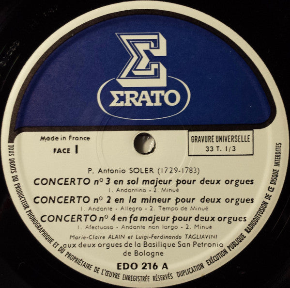 Padre Antonio Soler - Marie-Claire Alain, Luigi Ferdinando Tagliavini : Six Concertos À Deux Orgues (LP, RE)