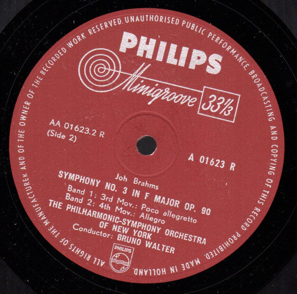 Johannes Brahms, Bruno Walter, Philharmonic-Symphony Orchestra Of New York : Symphonie Nr. 3 F-Dur Op. 90 (10", Album)