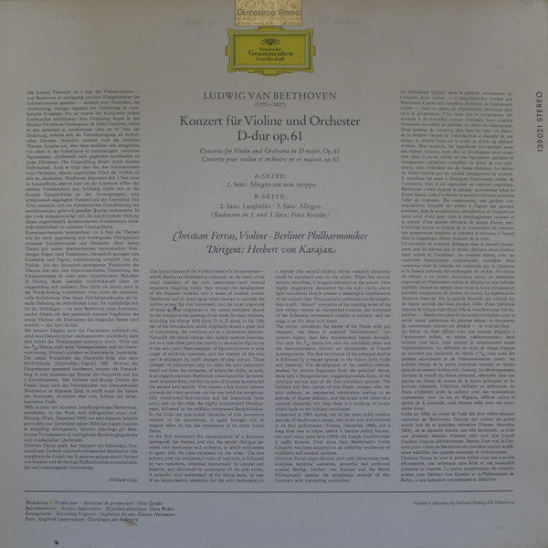 Ludwig van Beethoven / Christian Ferras • Herbert von Karajan • Berliner Philharmoniker : Violinkonzert D-Dur (LP, RE)