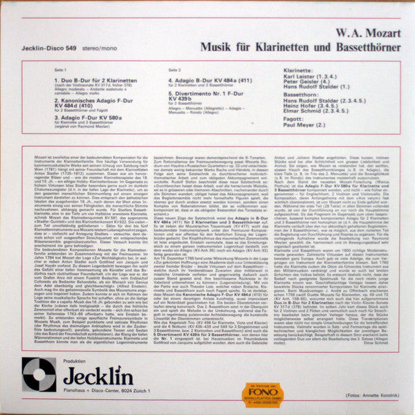 Wolfgang Amadeus Mozart :  Musik Für Klarinetten Und Bassetthörner (LP, Mono)