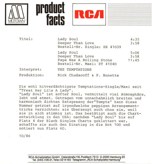 The Temptations : Lady Soul / Deeper Than Love / Papa Was A Rolling Stone (12")