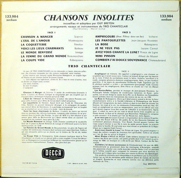 Trio Chanteclair : Chansons Insolites (10")