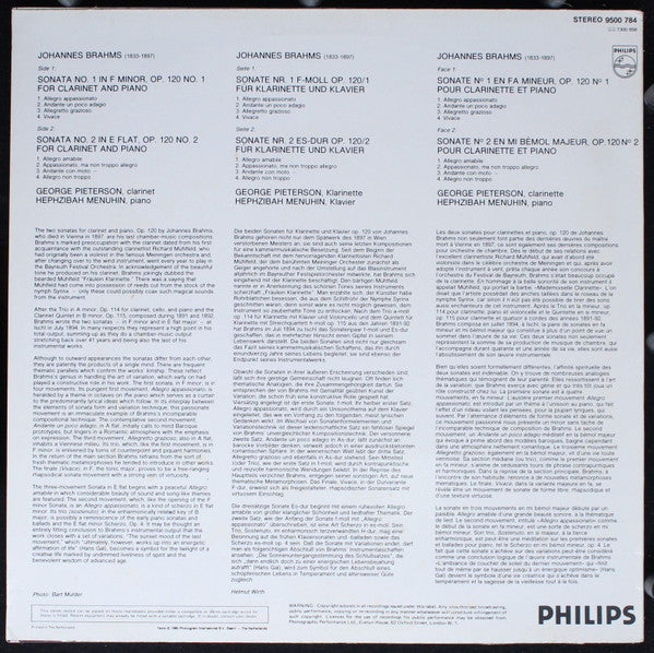 Johannes Brahms, George Pieterson, Hephzibah Menuhin : Clarinet Sonatas Op. 120 (LP)