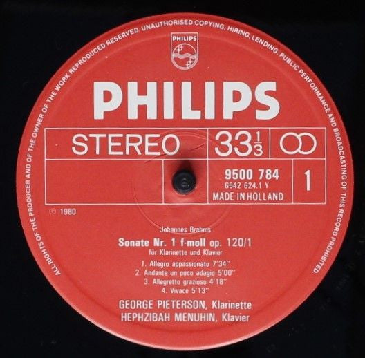 Johannes Brahms, George Pieterson, Hephzibah Menuhin : Clarinet Sonatas Op. 120 (LP)
