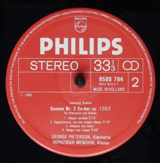 Johannes Brahms, George Pieterson, Hephzibah Menuhin : Clarinet Sonatas Op. 120 (LP)