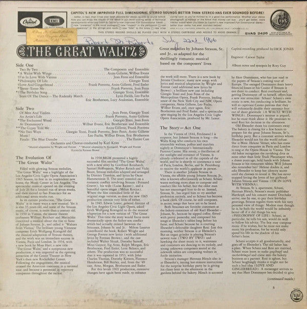 Johann Strauss Sr. And Johann Strauss Jr. - Giorgio Tozzi, Jean Fenn, Karl Kritz : The Great Waltz (Original Cast) (LP, Album, Gat)