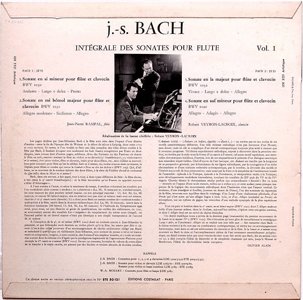 Johann Sebastian Bach - Jean-Pierre Rampal, Robert Veyron-Lacroix : Intégrale Des Sonates Pour Flute, Vol.1 (LP, Mono)