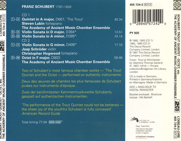 Franz Schubert - Steven Lubin / The Academy Of Ancient Music Chamber Ensemble / Jaap Schröder / Christopher Hogwood : Trout Quintet - Octet - 3 Violin Sonatas (2xCD, Comp, RE, RM)
