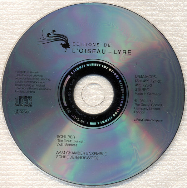 Franz Schubert - Steven Lubin / The Academy Of Ancient Music Chamber Ensemble / Jaap Schröder / Christopher Hogwood : Trout Quintet - Octet - 3 Violin Sonatas (2xCD, Comp, RE, RM)