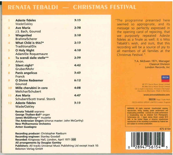 Renata Tebaldi : Christmas Festival (CD, Album)