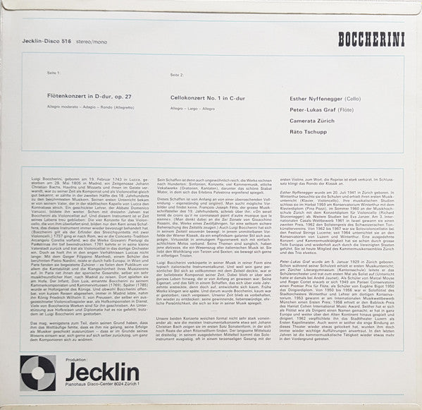 Luigi Boccherini, Peter-Lukas Graf, Esther Nyffenegger, Camerata Zürich, Räto Tschupp : Flötenkonzert In D-dur, Op. 27 / Cellokonzert Nr. 1 In C-dur (LP, Album)