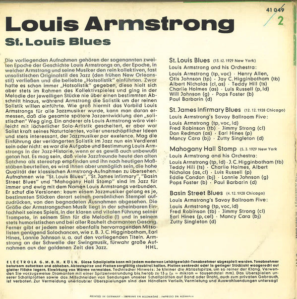 Louis Armstrong : Louis Armstrong's St. Louis Blues (7", EP)