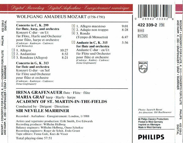 Wolfgang Amadeus Mozart, Irena Grafenauer, Maria Graf, The Academy Of St. Martin-in-the-Fields, Sir Neville Marriner : Flute Concerto In G, KV 313 / Concerto For Flute And Harp In C, KV 299 / Andante For Flute In C, KV 315 (CD, PDO)