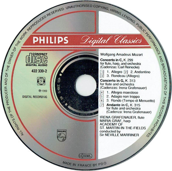 Wolfgang Amadeus Mozart, Irena Grafenauer, Maria Graf, The Academy Of St. Martin-in-the-Fields, Sir Neville Marriner : Flute Concerto In G, KV 313 / Concerto For Flute And Harp In C, KV 299 / Andante For Flute In C, KV 315 (CD, PDO)