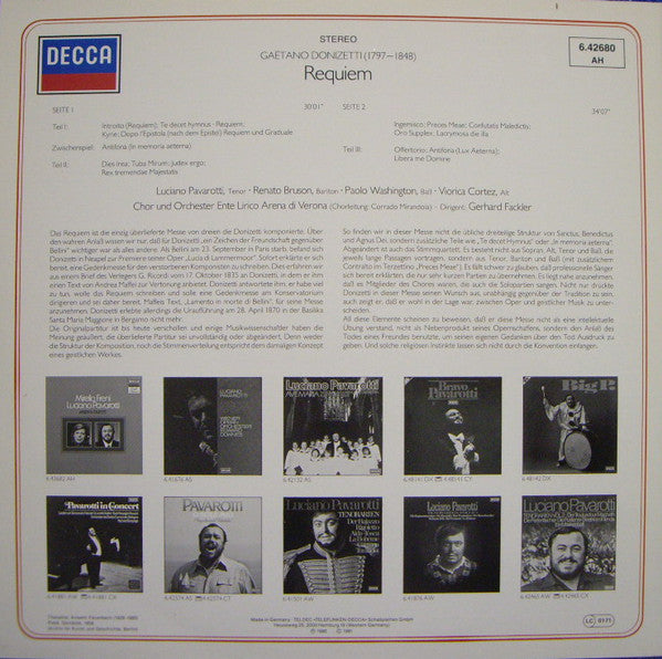 Gaetano Donizetti, Viorica Cortez, Luciano Pavarotti, Renato Bruson, Paolo Washington, Orchestra Ente Lirico Arena Di Verona, Gerhard Fackler : Requiem (LP, Album)