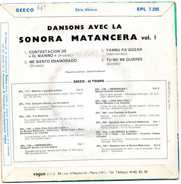 La Sonora Matancera : Dansons Avec La Sonora Matancera Vol. 1 (7", EP)