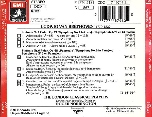 Ludwig van Beethoven - London Classical Players, Roger Norrington : Sinfonien = Symphonies 1 & 6 "Pastorale" (CD, Album)