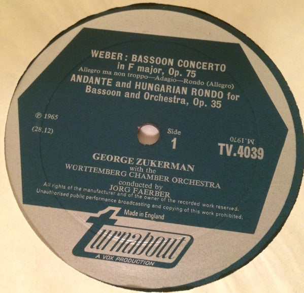 George Zukerman, Württembergisches Kammerorchester, Jörg Faerber : Weber / Mozart: Bassoon Concerti (LP, Mono)