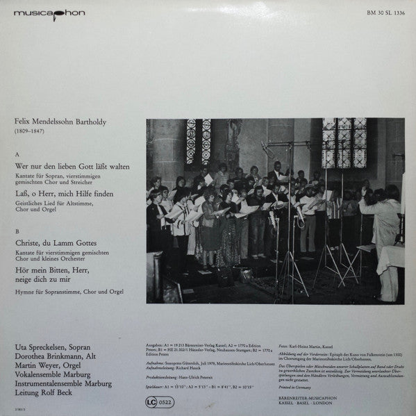 Felix Mendelssohn-Bartholdy, Uta Spreckelsen, Dorothea Brinkmann, Vokalensemble Marburg, Instrumentalensemble Marburg, Rolf Beck : Kantaten - Geistliche Lieder (LP)