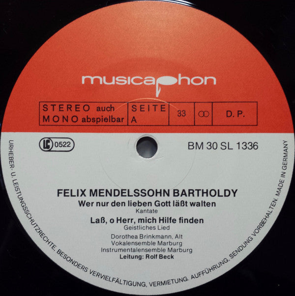 Felix Mendelssohn-Bartholdy, Uta Spreckelsen, Dorothea Brinkmann, Vokalensemble Marburg, Instrumentalensemble Marburg, Rolf Beck : Kantaten - Geistliche Lieder (LP)