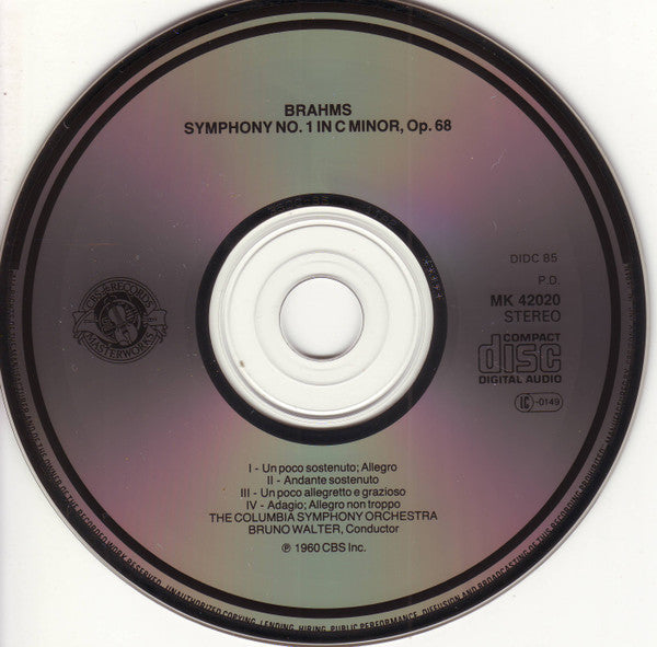 Johannes Brahms - Bruno Walter - Columbia Symphony Orchestra : Symphony No. 1 (CD, Album, RE, RM)