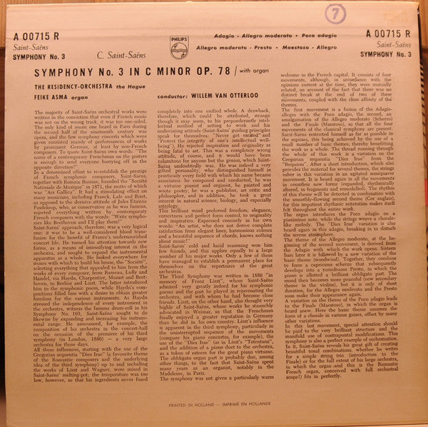 Camille Saint-Saëns, Residentie Orkest, Feike Asma, Willem Van Otterloo : Symphoy No. 3 In C Minor Op. 78 (10")