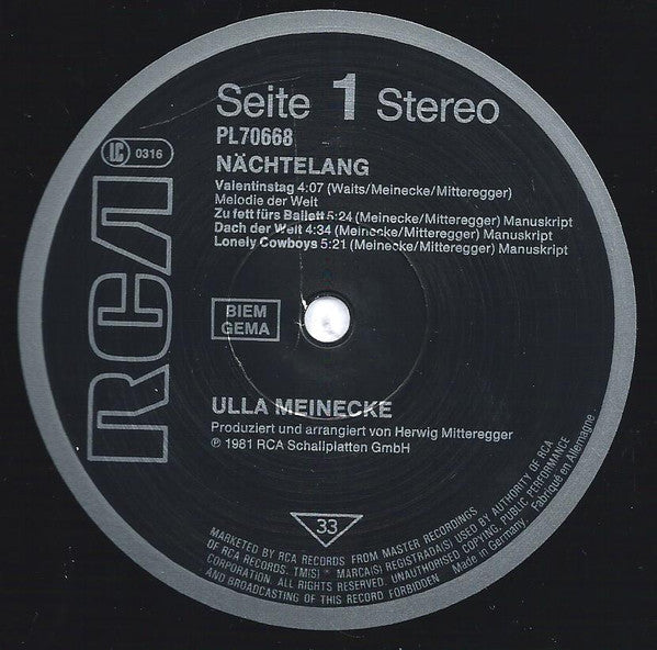 Ulla Meinecke : Nächtelang (LP, Album)