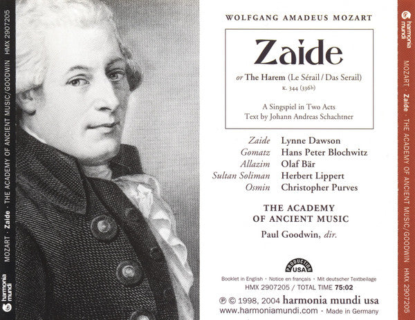 Wolfgang Amadeus Mozart - Lynne Dawson, Hans Peter Blochwitz, Olaf Bär, Herbert Lippert, Christopher Purves, The Academy Of Ancient Music, Paul Goodwin (2) : Zaide K. 344 (336b) (CD)