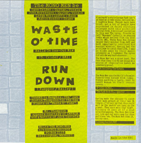 The Mono Men : Waste O' Time / Run Down (7", Single)