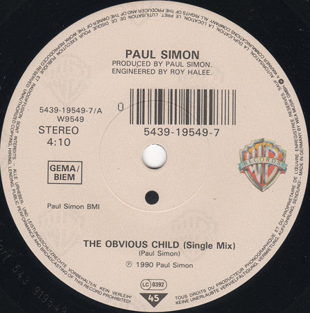 Paul Simon : The Obvious Child (7", Single, Sol)