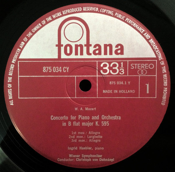 Wolfgang Amadeus Mozart - Ingrid Haebler, Wiener Symphoniker, Christoph von Dohnányi : Klavierkonzert B-Dur KV 595, Klavierkonzert B-Dur KV 456 (LP)