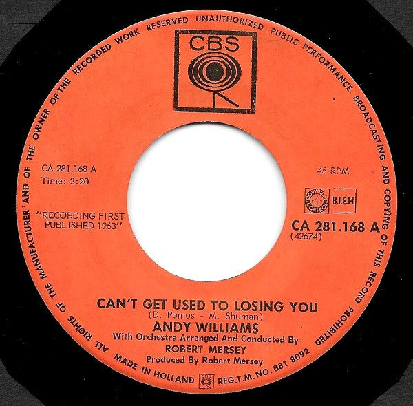 Andy Williams : Can't Get Used To Losing You (7", Single)