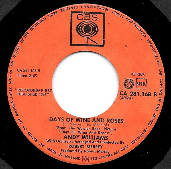 Andy Williams : Can't Get Used To Losing You (7", Single)