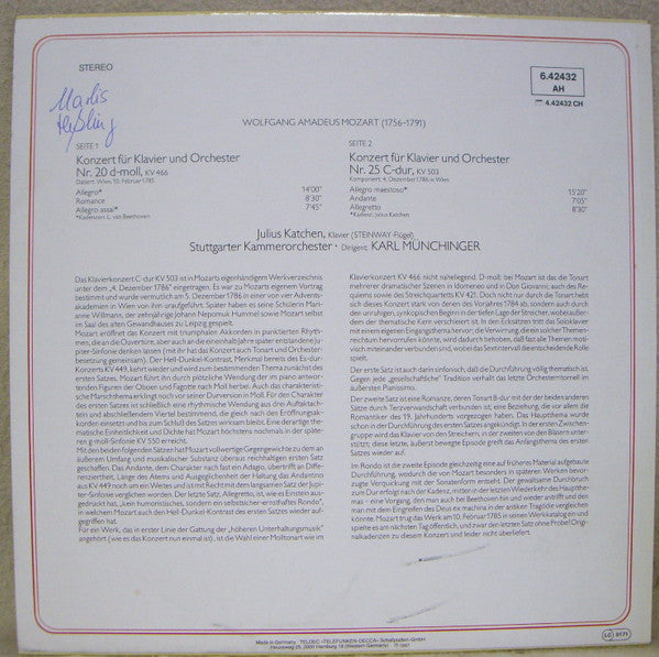 Wolfgang Amadeus Mozart, Julius Katchen, Stuttgarter Kammerorchester, Karl Münchinger : Klavierkonzerte Nr. 20 D-moll, KV 466 • Nr. 25 C-dur, KV 503 (LP)
