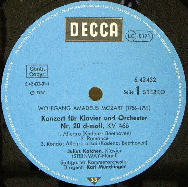 Wolfgang Amadeus Mozart, Julius Katchen, Stuttgarter Kammerorchester, Karl Münchinger : Klavierkonzerte Nr. 20 D-moll, KV 466 • Nr. 25 C-dur, KV 503 (LP)