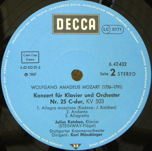 Wolfgang Amadeus Mozart, Julius Katchen, Stuttgarter Kammerorchester, Karl Münchinger : Klavierkonzerte Nr. 20 D-moll, KV 466 • Nr. 25 C-dur, KV 503 (LP)