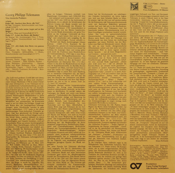 Georg Philipp Telemann, Barbara Schlick, Uta Roth-Johnsen, Aldo Baldin, Bruce Abel, Vokalensemble der Stephanuskirche Tübingen, Tübinger Kantatenorchester, Hans Walter Maier : Jauchzet Dem Herrn Alle Welt (Vier Deutsche Psalmen) (LP)