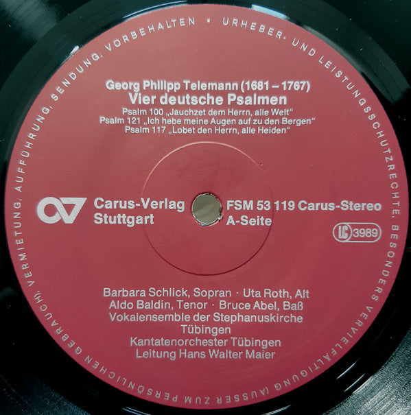Georg Philipp Telemann, Barbara Schlick, Uta Roth-Johnsen, Aldo Baldin, Bruce Abel, Vokalensemble der Stephanuskirche Tübingen, Tübinger Kantatenorchester, Hans Walter Maier : Jauchzet Dem Herrn Alle Welt (Vier Deutsche Psalmen) (LP)