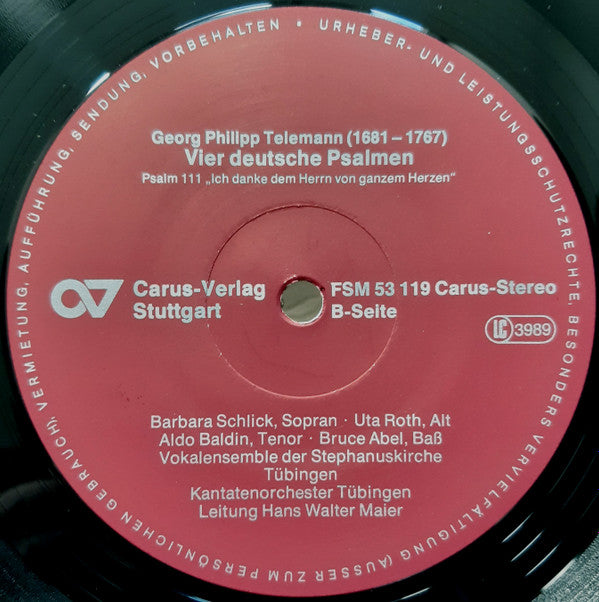 Georg Philipp Telemann, Barbara Schlick, Uta Roth-Johnsen, Aldo Baldin, Bruce Abel, Vokalensemble der Stephanuskirche Tübingen, Tübinger Kantatenorchester, Hans Walter Maier : Jauchzet Dem Herrn Alle Welt (Vier Deutsche Psalmen) (LP)