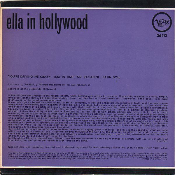 Ella Fitzgerald : Ella In Hollywood (7")