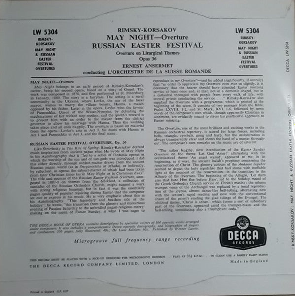 Ernest Ansermet Conducting L'Orchestre De La Suisse Romande : May Night - Overture & Russian Easter Festival - Overture  (10", Mono)