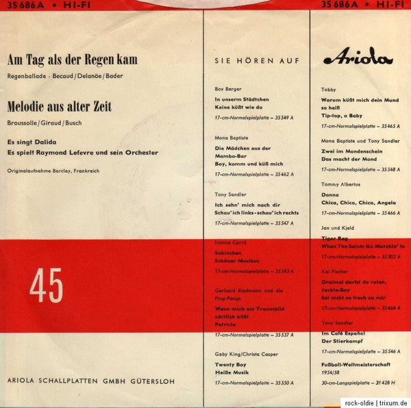 Dalida : Am Tag Als Der Regen Kam (7", Single, Mono)