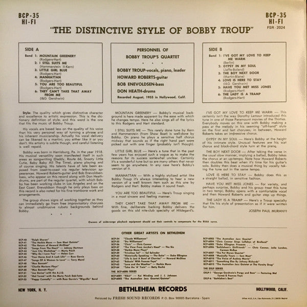 Bobby Troup : The Distinctive Style Of Bobby Troup (LP, Album, Mono, RE)