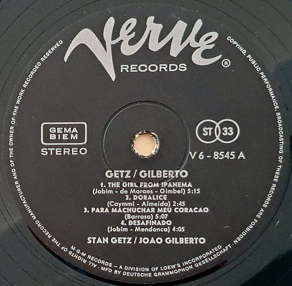 Stan Getz / João Gilberto Featuring Antonio Carlos Jobim : Getz / Gilberto (LP, Album, RE)