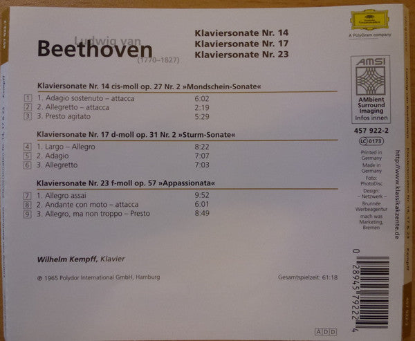 Ludwig van Beethoven / Wilhelm Kempff : Klaviersonaten Nr. 14, 17 & 23 (CD, Comp)