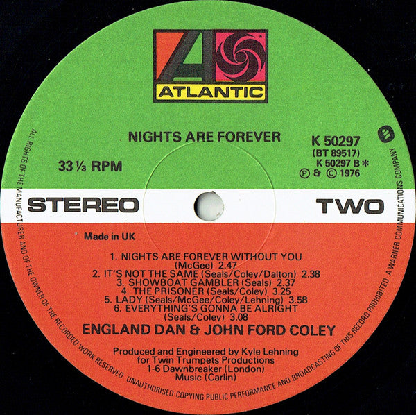 England Dan & John Ford Coley : Nights Are Forever (LP, Album)