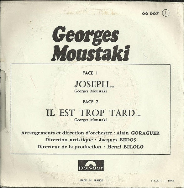 Georges Moustaki : Joseph / Il Est Trop Tard (7", Single, Mono)