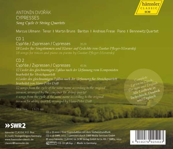 Antonín Dvořák - Marcus Ullmann | Martin A. Bruns | Andreas Frese | Bennewitz Quartet : Cypresses (Song Cycle & String Quartets) (2xCD, Album)