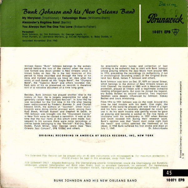 Bunk Johnson And His New Orleans Band : Bunk Johnson And His New Orleans Band (7", EP, Mono)