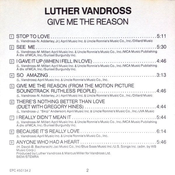 Luther Vandross : Give Me The Reason (CD, Album, RE)